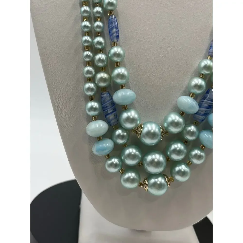 Japan Triple Strand‎ Teal Blue Beaded Necklace Graduated Beads Hook Closure